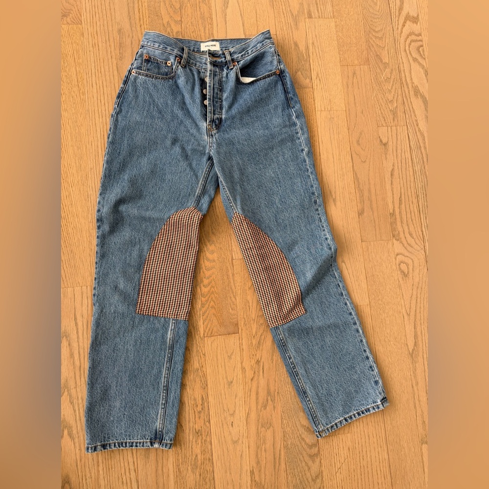 Still Here Classic Blue Straight Leg Jeans with Brown Plaid Detail size 26 - Picture 5 of 5